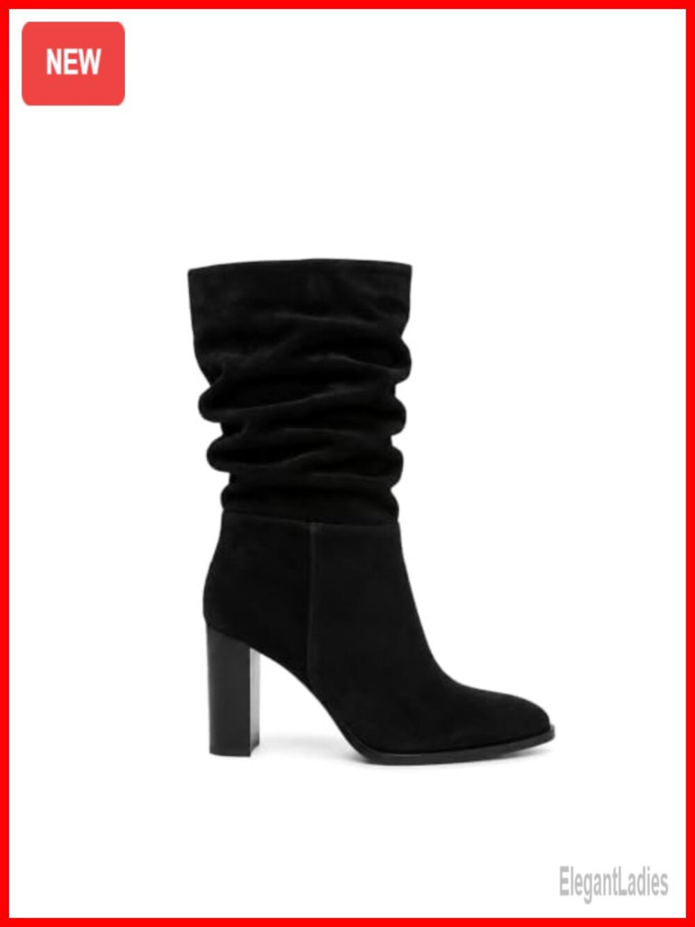 Suede Mid Calf Slouch Boots Chunky Block Heel Pointed Toe Zip Up Women's